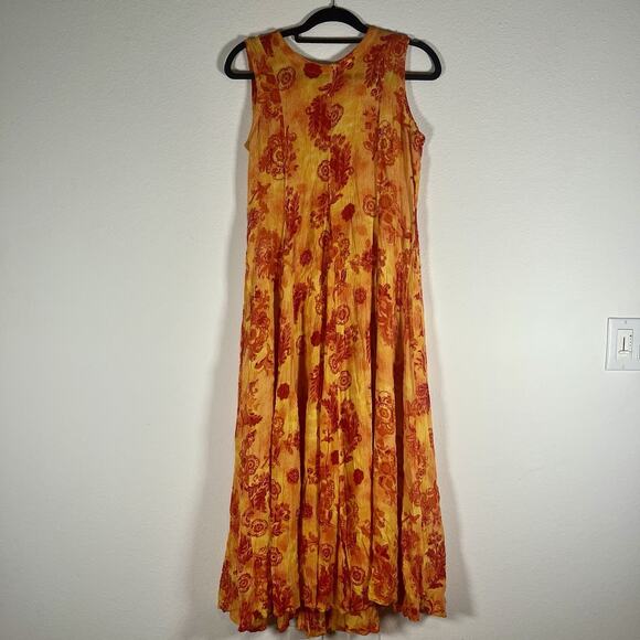 La D'Da Vtg Midi Dress S Crinkled Rayon Orange Floral Sleeveless Flowy Summer - Picture 2 of 8